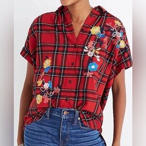 Madewell Red Plaid Embroidered Cap Sleeve Buttoned Blouse